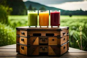 three glasses of juice sit on top of a wooden box. AI-Generated photo