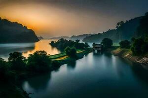 un río a amanecer con un puente y arboles generado por ai foto