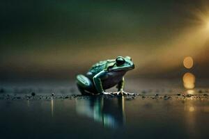 a frog sitting on the ground in the dark. AI-Generated photo