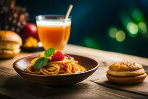 spaghetti with tomato sauce and fresh berries on a wooden table. AI-Generated photo