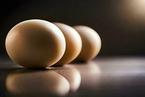 three eggs are lined up on a table. AI-Generated photo