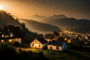 a village in the mountains at sunset. AI-Generated photo