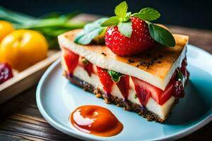 a slice of cheesecake with strawberries and a cherry. AI-Generated photo