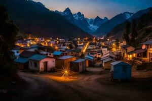 a village at night with lights on the roofs. AI-Generated photo