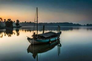 un barco se sienta en el agua a amanecer. generado por ai foto