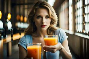 un mujer participación dos lentes de naranja jugo. generado por ai foto