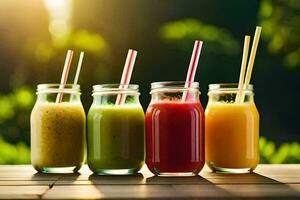 five different types of smoothies in jars. AI-Generated photo