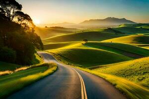 a road winding through the countryside at sunset. AI-Generated photo