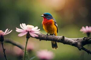 a colorful bird sits on a branch in front of flowers. AI-Generated photo