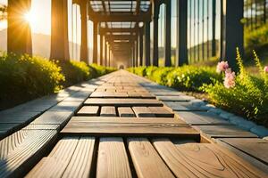 a wooden walkway with a sun shining through it. AI-Generated photo