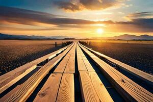 a wooden boardwalk leads to the sun. AI-Generated photo
