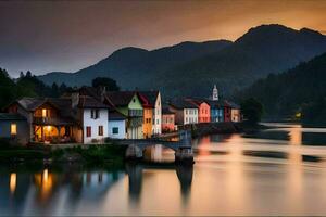 colorful houses on the banks of a river at dusk. AI-Generated photo