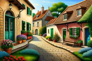 an illustration of a street with flowers and houses. AI-Generated photo