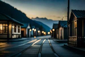 un largo exposición foto de un tren pista en el medio de un ciudad. generado por ai