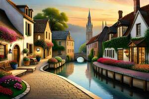 a painting of a canal in a small town. AI-Generated photo