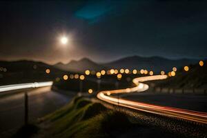 un largo exposición fotografía de un la carretera a noche. generado por ai foto