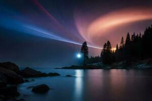 a colorful aurora light is seen over the water. AI-Generated photo