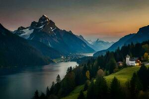 un casa se sienta en un colina con vista a un lago y montañas. generado por ai foto