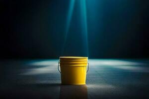 a yellow bucket on a dark floor with light shining from the top. AI-Generated photo