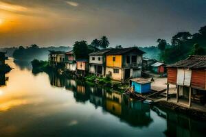 houses on the river at sunset. AI-Generated photo