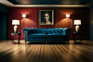 un azul sofá en un habitación con un pintura en el pared. generado por ai foto