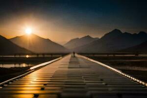 a long wooden bridge with the sun setting behind it. AI-Generated photo