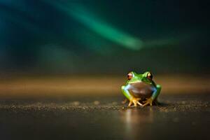 a frog sitting on the ground with a blurry background. AI-Generated photo