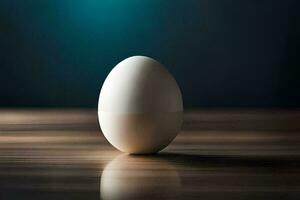 an egg sitting on a table with a blue background. AI-Generated photo