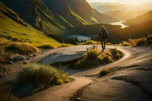 a man with a backpack is walking on a trail in the mountains. AI-Generated photo