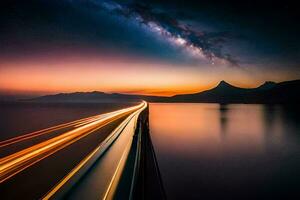 un largo exposición fotografía de un coche conducción en un autopista a noche. generado por ai foto