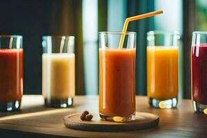 a group of different colored juices sitting on a table. AI-Generated photo