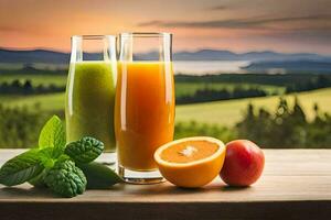 two glasses of juice with fruit and vegetables on a table. AI-Generated photo