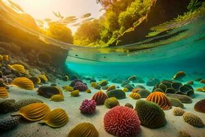 underwater scene with colorful corals and fish. AI-Generated photo