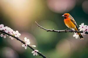 a bird sits on a branch with flowers in the background. AI-Generated photo