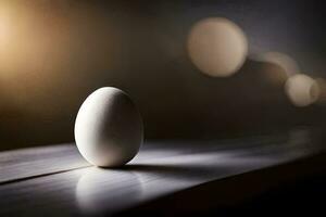 an egg sitting on a table in front of a blurry background. AI-Generated photo