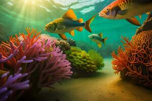 fish swimming in the ocean with coral reefs. AI-Generated photo