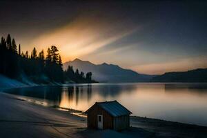 un pequeño cabina se sienta en el apuntalar de un lago a puesta de sol. generado por ai foto