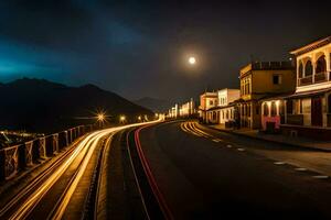 un largo exposición foto de un calle a noche. generado por ai