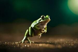 a frog is standing on its hind legs on a dirt road. AI-Generated photo