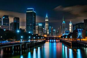 el ciudad horizonte a noche con luces reflejando apagado el agua. generado por ai foto