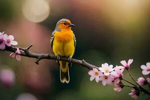 a bird sits on a branch with flowers in the background. AI-Generated photo