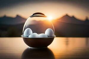 eggs in a glass jar on a table with mountains in the background. AI-Generated photo
