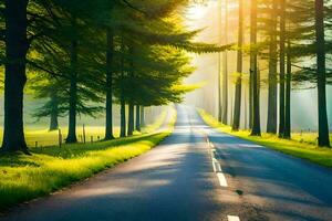 a road in the middle of a forest with trees. AI-Generated photo