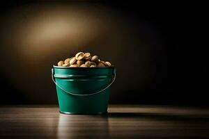 a green bucket filled with nuts on a table. AI-Generated photo