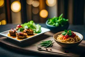 un de madera mesa con platos de comida y un cuenco de pasta. generado por ai foto