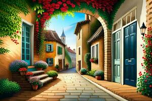 an illustration of a street with flowers and plants. AI-Generated photo