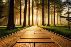 a wooden path leads to the sun in the forest. AI-Generated photo