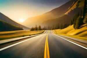 an empty road in the mountains with the sun setting. AI-Generated photo