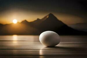 egg on the table, sunset, mountains, hd wallpaper. AI-Generated photo