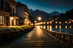 a long walkway leading to a lake at night. AI-Generated photo